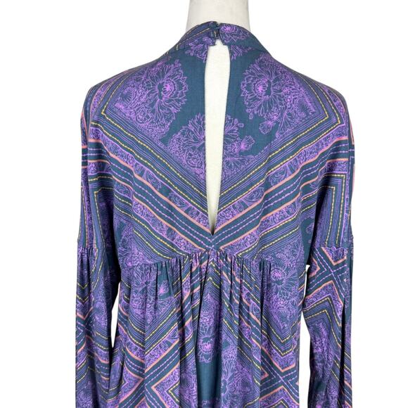 Free People Walking On A Dream Blue Purple Floral Diamond Oversized Tunic Top - Picture 8 of 13